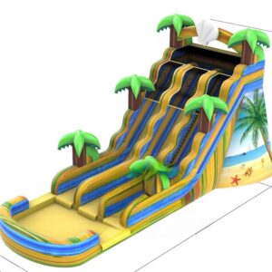 Plajă cu tobogane de apă și castel gonflabil